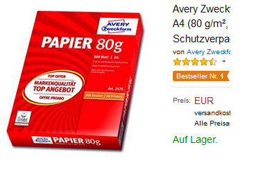 80 g Kopierpapier von Avery Zweckform billig, versandkostenfrei durch Amazon-Trick