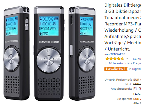 8 GB Diktierapparat Tonaufnahmegerät von TENSAFEE